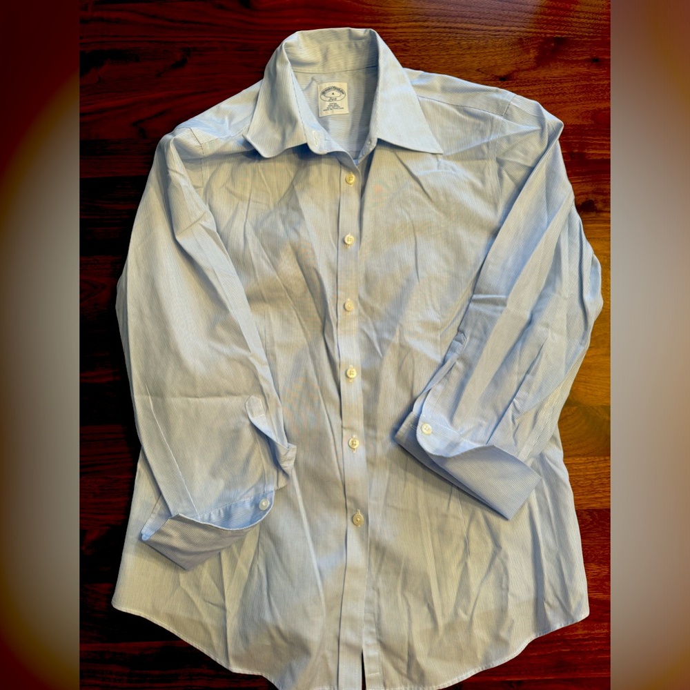 BROOKS BROTHERS 346 Women Button No Iron Fitted 3/4 Sleeve Blue/White Stripe Top